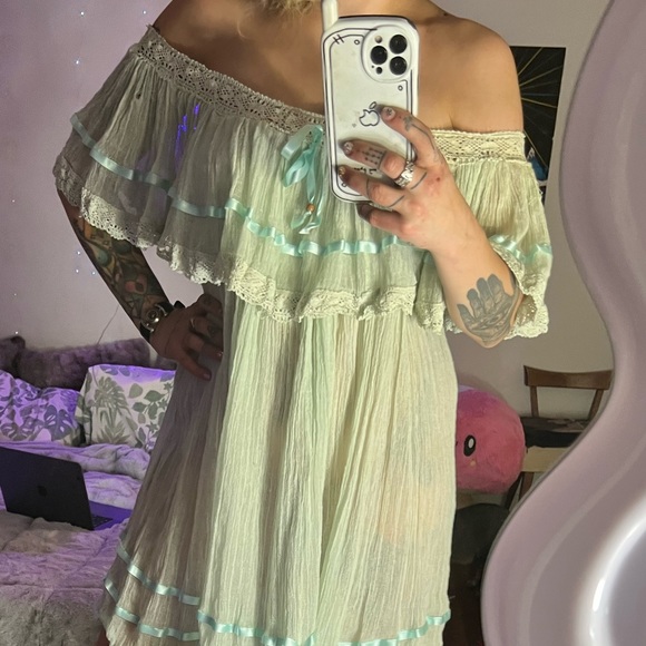 Semi sheer baby blue cold shoulder mini dress - Picture 6 of 11